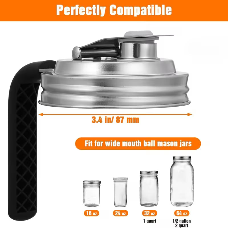 2 Pack Mason Jar Handle Pour Lid STAINLESS STEEL - Wide Mouth
