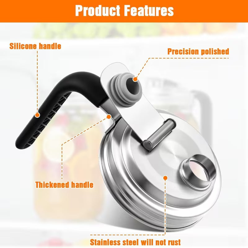 2 Pack Mason Jar Handle Pour Lid STAINLESS STEEL - Wide Mouth