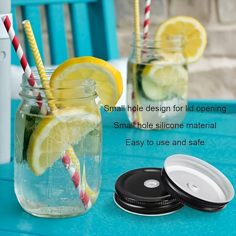 5 Pack Mason Jar Lid with Straw Hole Black STAINLESS STEEL