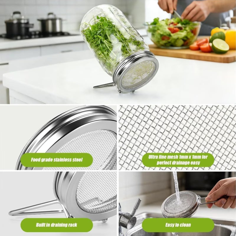 Mason Jar SPROUTING LID with Stand for Wide Mouth Jars Stainless Steel Seed Germinating Screens