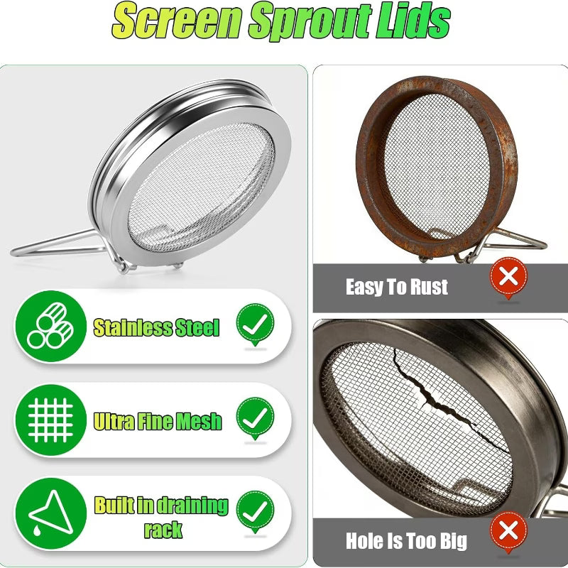 Mason Jar SPROUTING LID with Stand for Wide Mouth Jars Stainless Steel Seed Germinating Screens