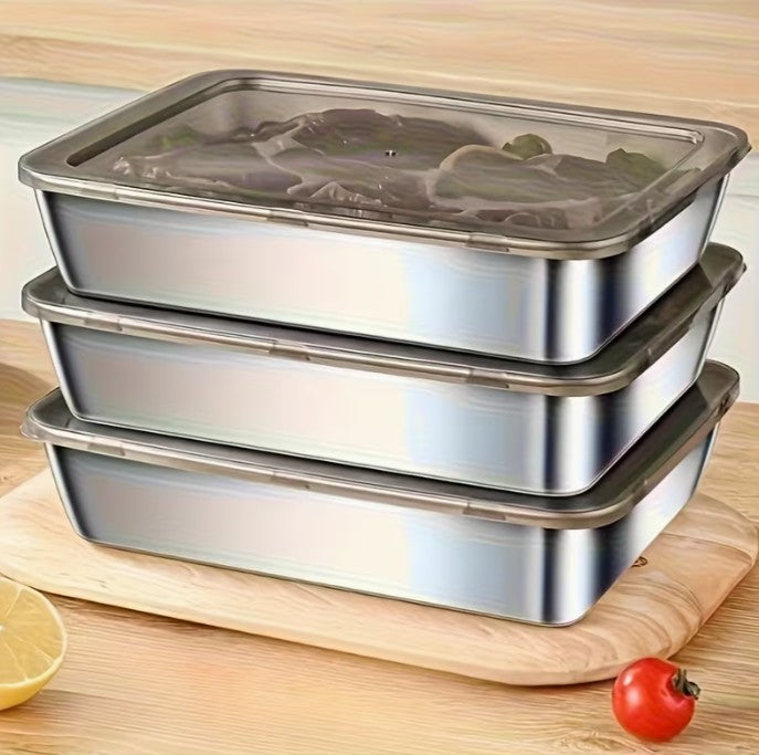 4pc Set LARGE Stainless Steel Container Dishes + Lids 10"x8" ()