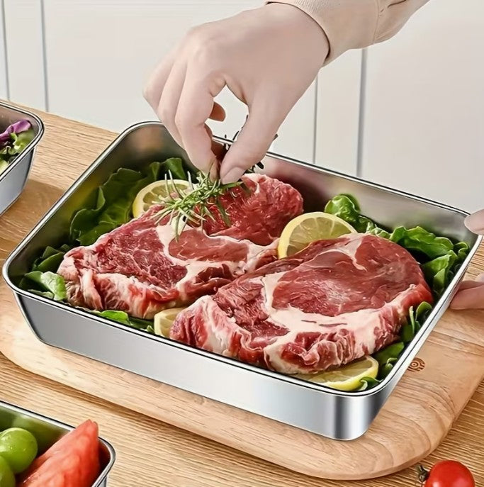 4pc Set LARGE Stainless Steel Container Dishes + Lids 10"x8" ()