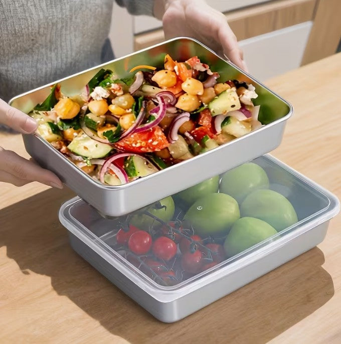 4pc Set LARGE Stainless Steel Container Dishes + Lids 10"x8" ()