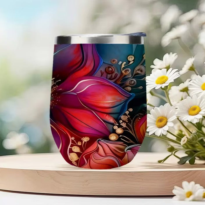 Airbrush Floral Stainless Steel Travel Insulated Sipper Tumbler Mug 12oz