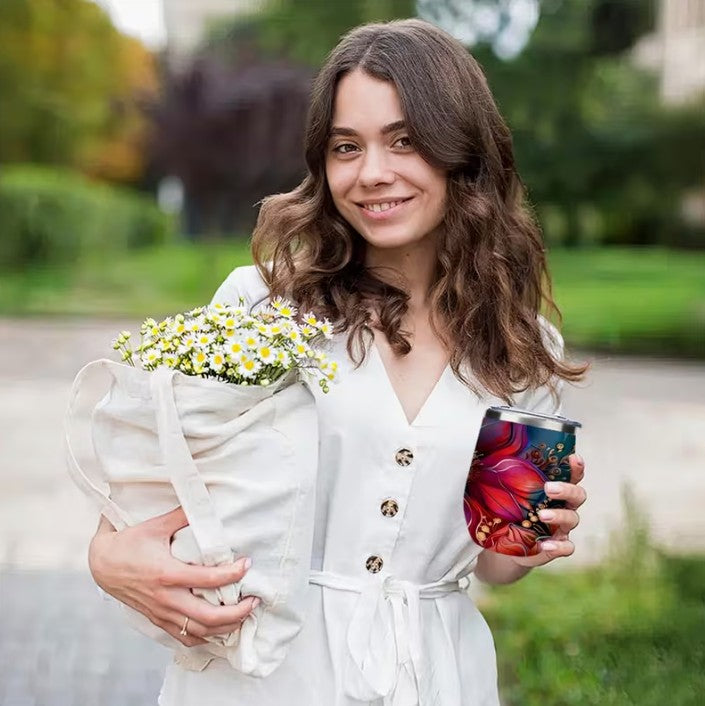Airbrush Floral Stainless Steel Travel Insulated Sipper Tumbler Mug 12oz