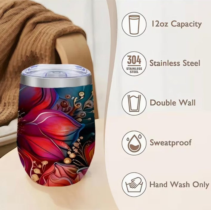 Airbrush Floral Stainless Steel Travel Insulated Sipper Tumbler Mug 12oz