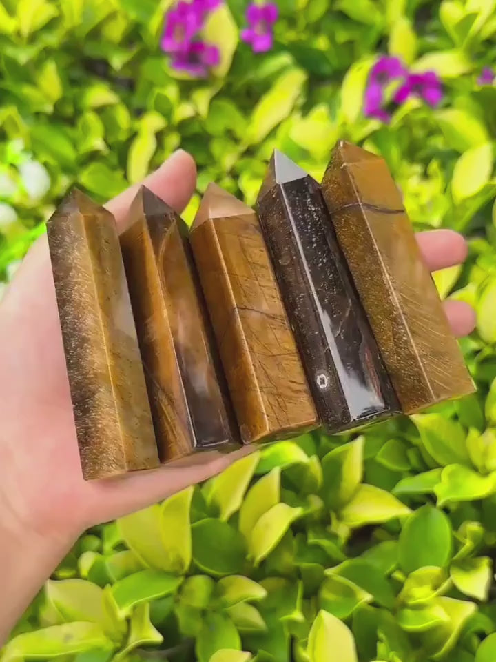 Load video: Tigers Eye Stone Tower: Confidence, Protection, Mental Clarity 3"