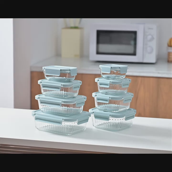 Load video: 8 Pieces Airtight GLASS Food Storage Containers with Vented Leakproof Lids