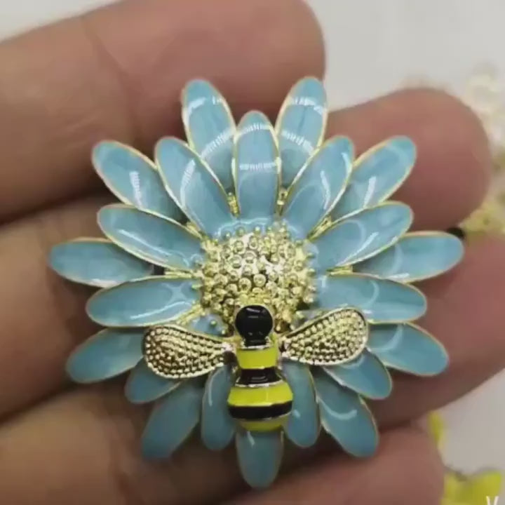 Load video: Bumblebee on Blue Flower Brooch Pin