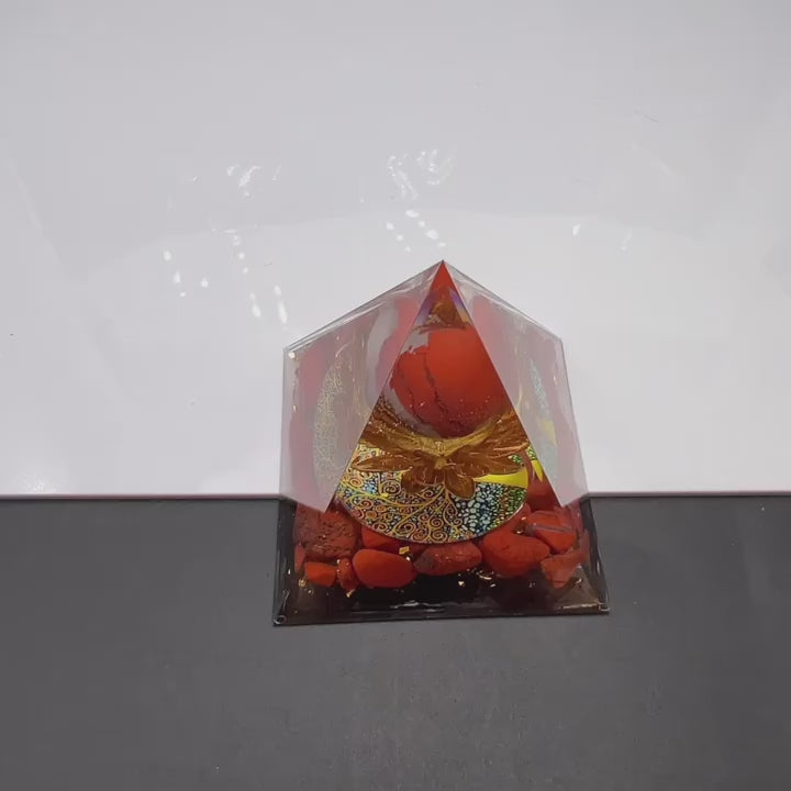 Load video: Natural Crystal Red Jasper Chip Orgone Pyramid