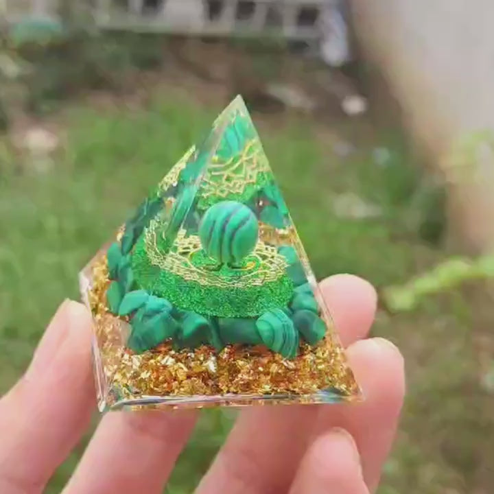 Load video: Natural Malachite Seven Chakra Orgone Pyramid - Protection, EMF, Environmental Pollution