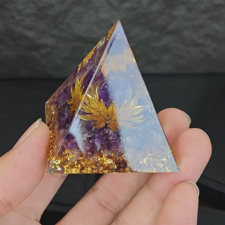 Load video: Orgone Pyramid Natural Amethyst &amp; Amethyst Crystal Lotus-Life Flower