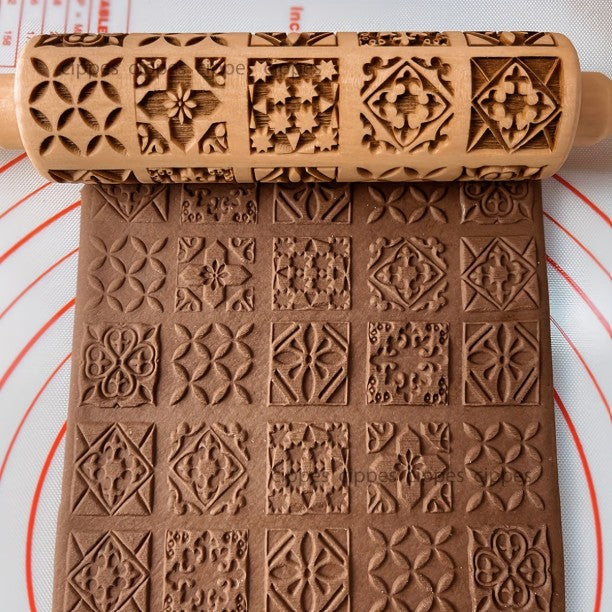 Geometric Shapes Embossed Rolling Pin - Natural Wood