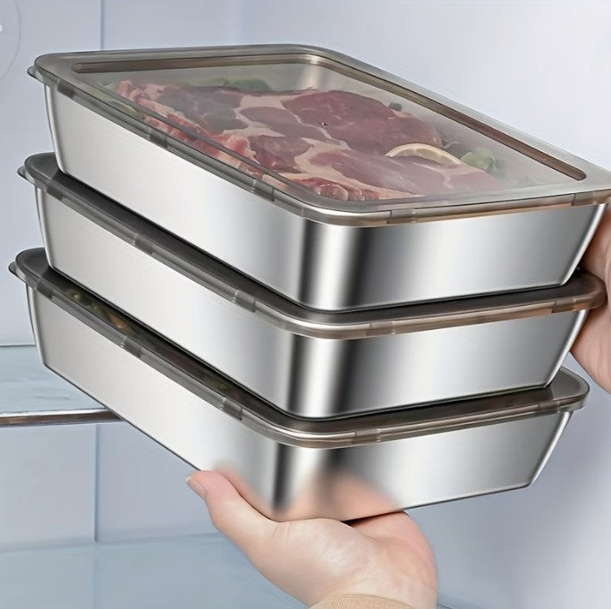 3pc Set LARGE Stainless Steel Container Dishes + Lids 10"x8" ()