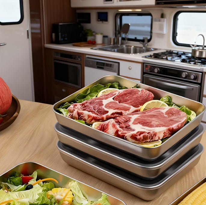 3pc Set LARGE Stainless Steel Container Dishes + Lids 10"x8" ()