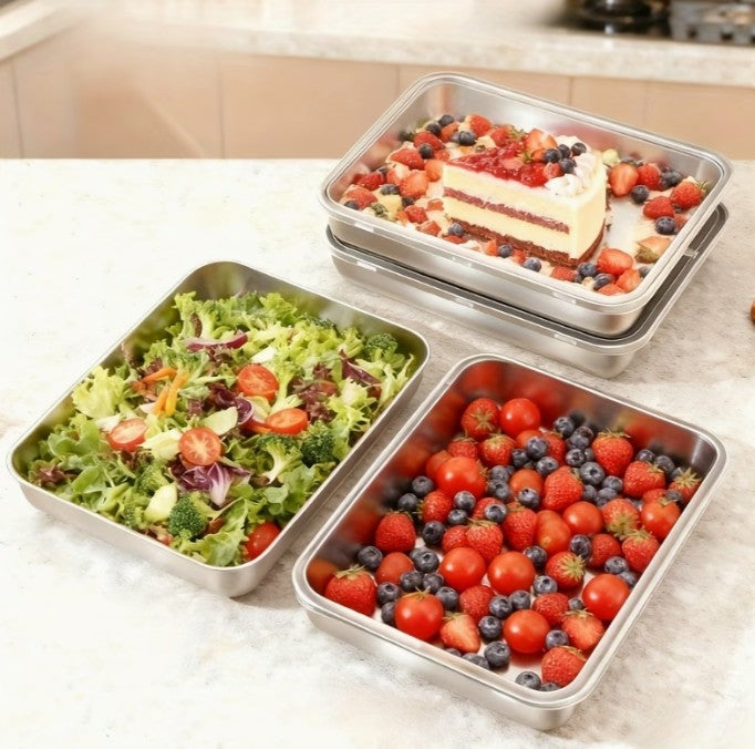 3pc Set LARGE Stainless Steel Container Dishes + Lids 10"x8" ()