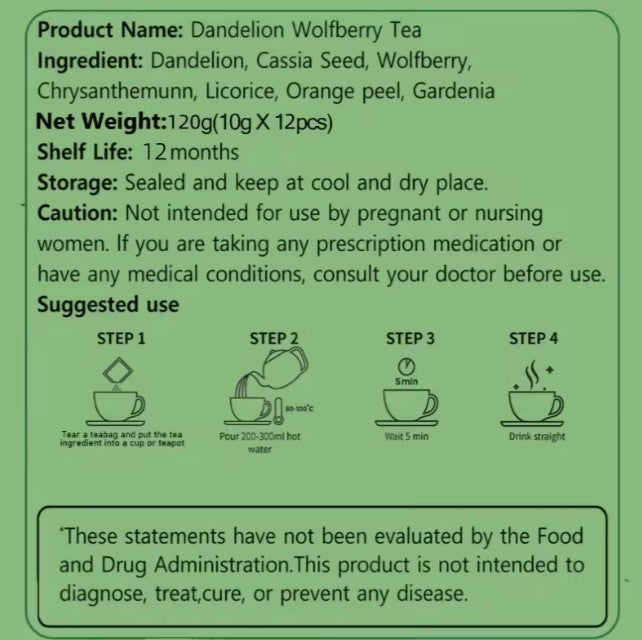 22pc 7-INGREDIENT TEA! Dandelion, Goji Berry, Orange Peel, Chrysanthemum, Cassia Seed (A-1-4)