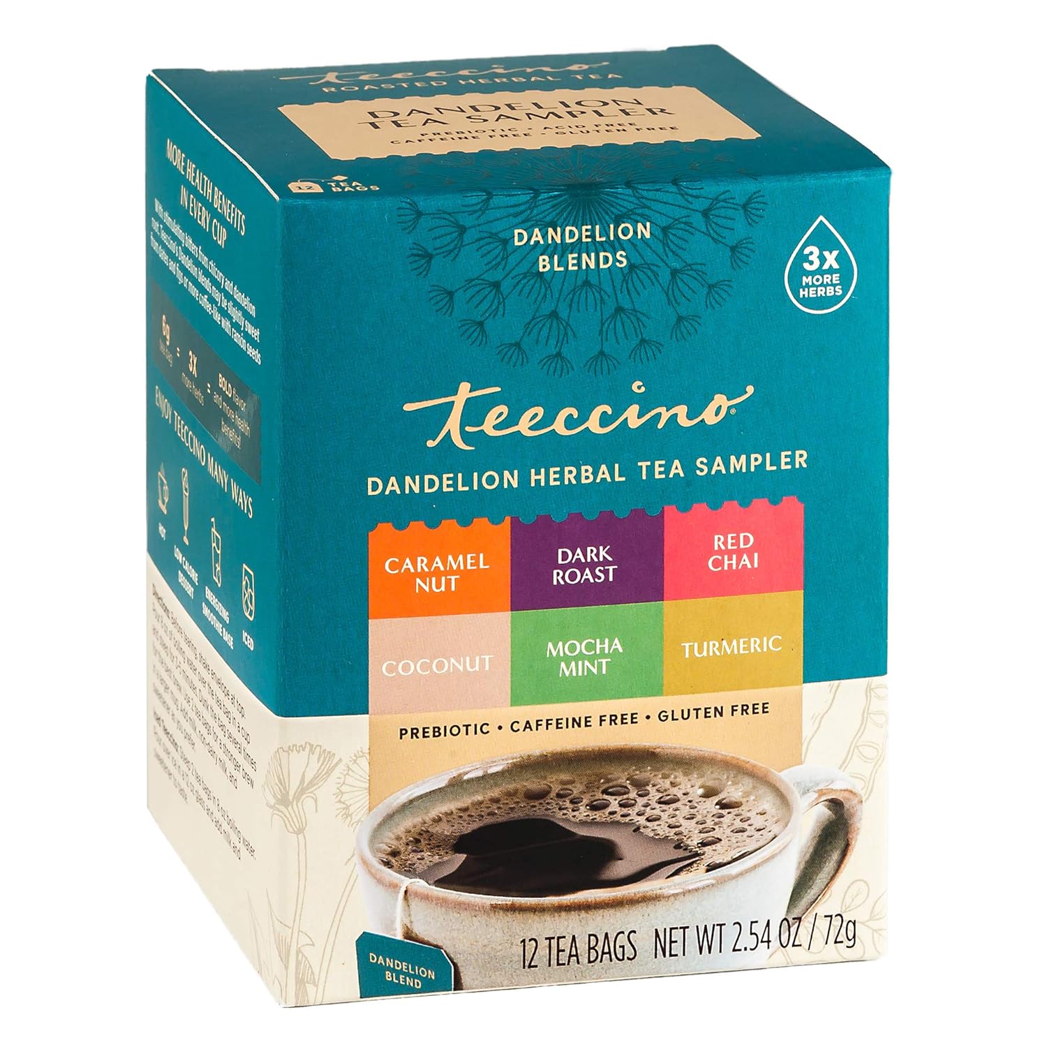 Carob & Chicory Tea Sampler! Caramel Nut, Coconut, Mocha Mint, Red Chai - Caffeine-Free