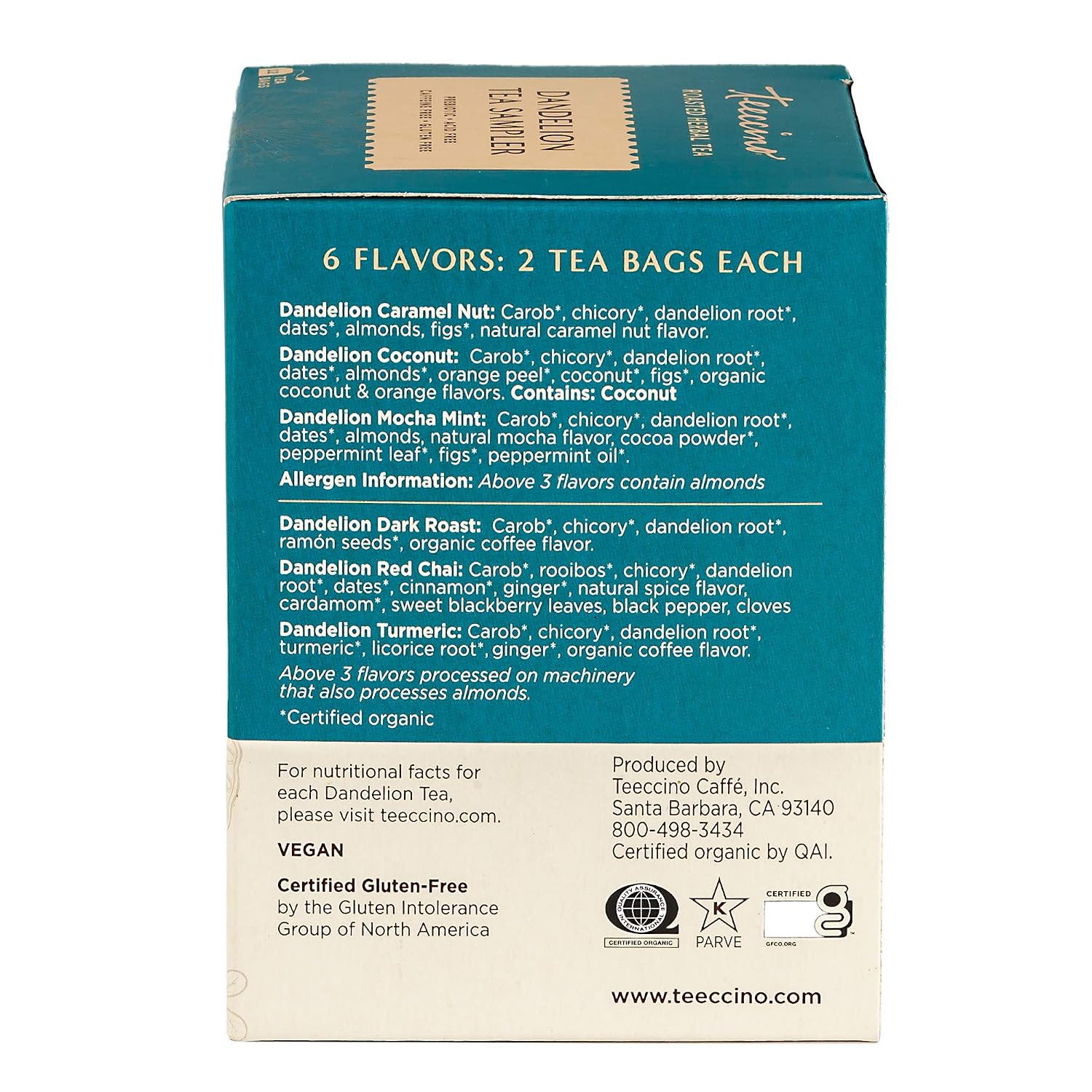 Carob & Chicory Tea Sampler! Caramel Nut, Coconut, Mocha Mint, Red Chai - Caffeine-Free