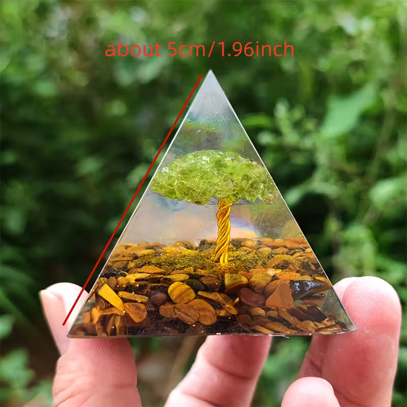 Peridot & Tigers Eye Tree Of Life Crystal Orgone Pyramid - Release Negative Emotions