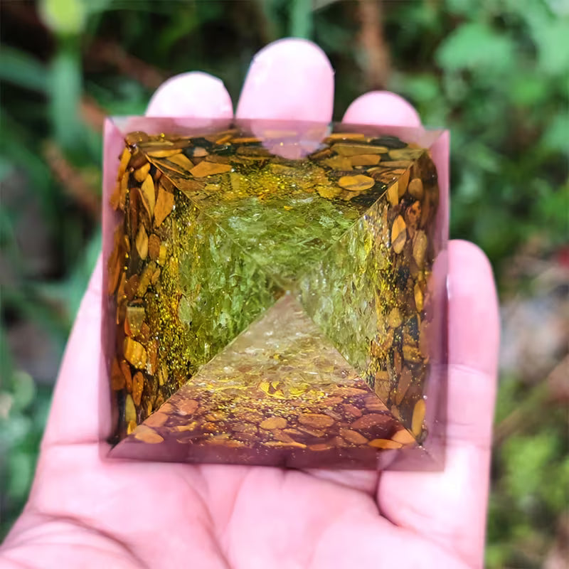 Peridot & Tigers Eye Tree Of Life Crystal Orgone Pyramid - Release Negative Emotions